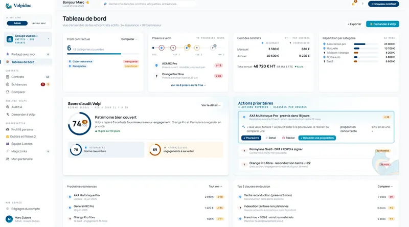 Tableau de bord Volpidoc — double univers assurances et fournisseurs, score d'audit Volpi